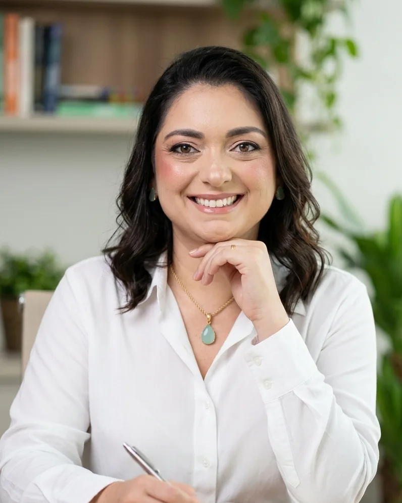 Débora Aires sorrindo à mesa de trabalho, com um caderno aberto